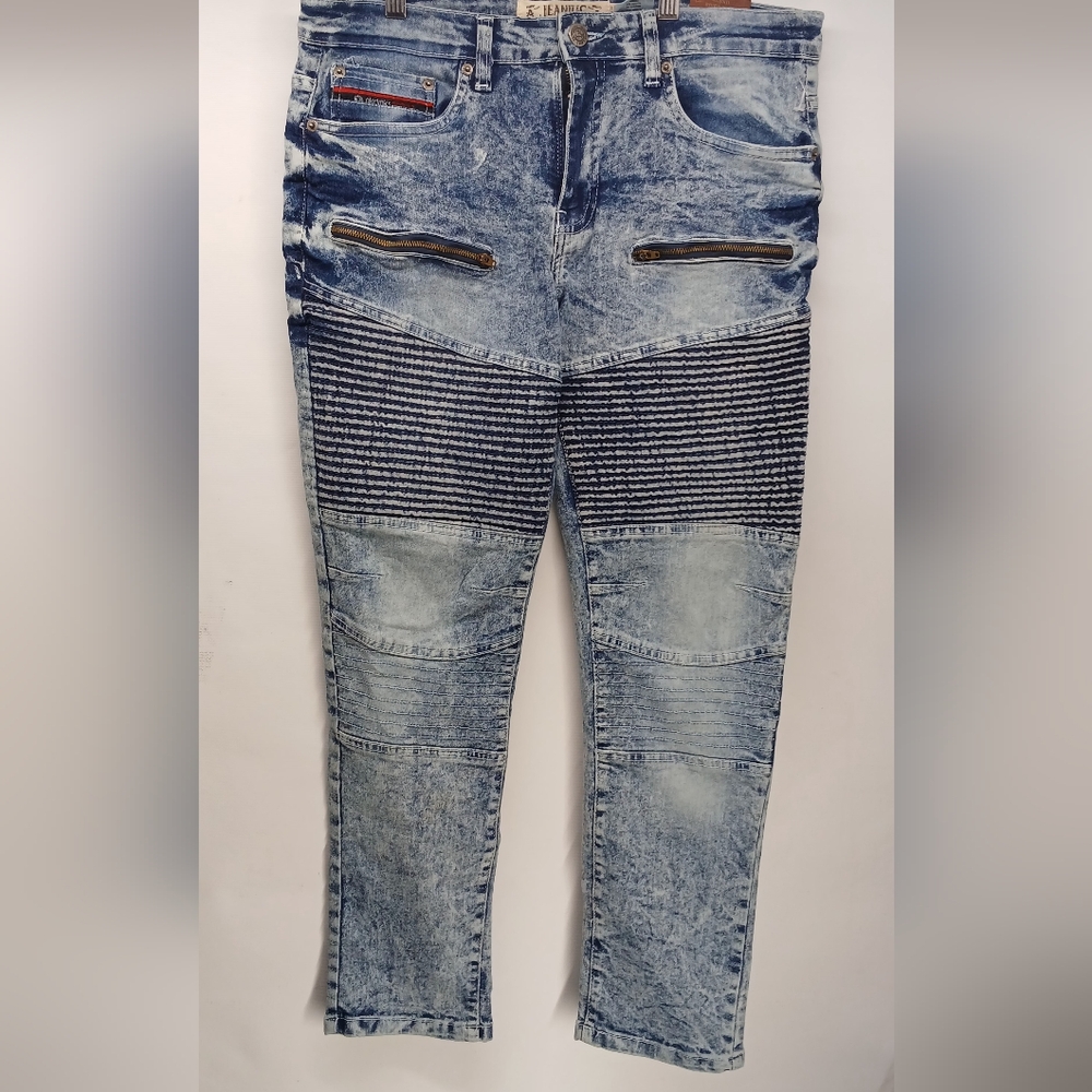 Blue Skinny Moto-Style Jeans with Ribbed Panels